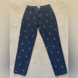 Heritage High Waisted Black Jeans with Embroidered Cherry Jeans